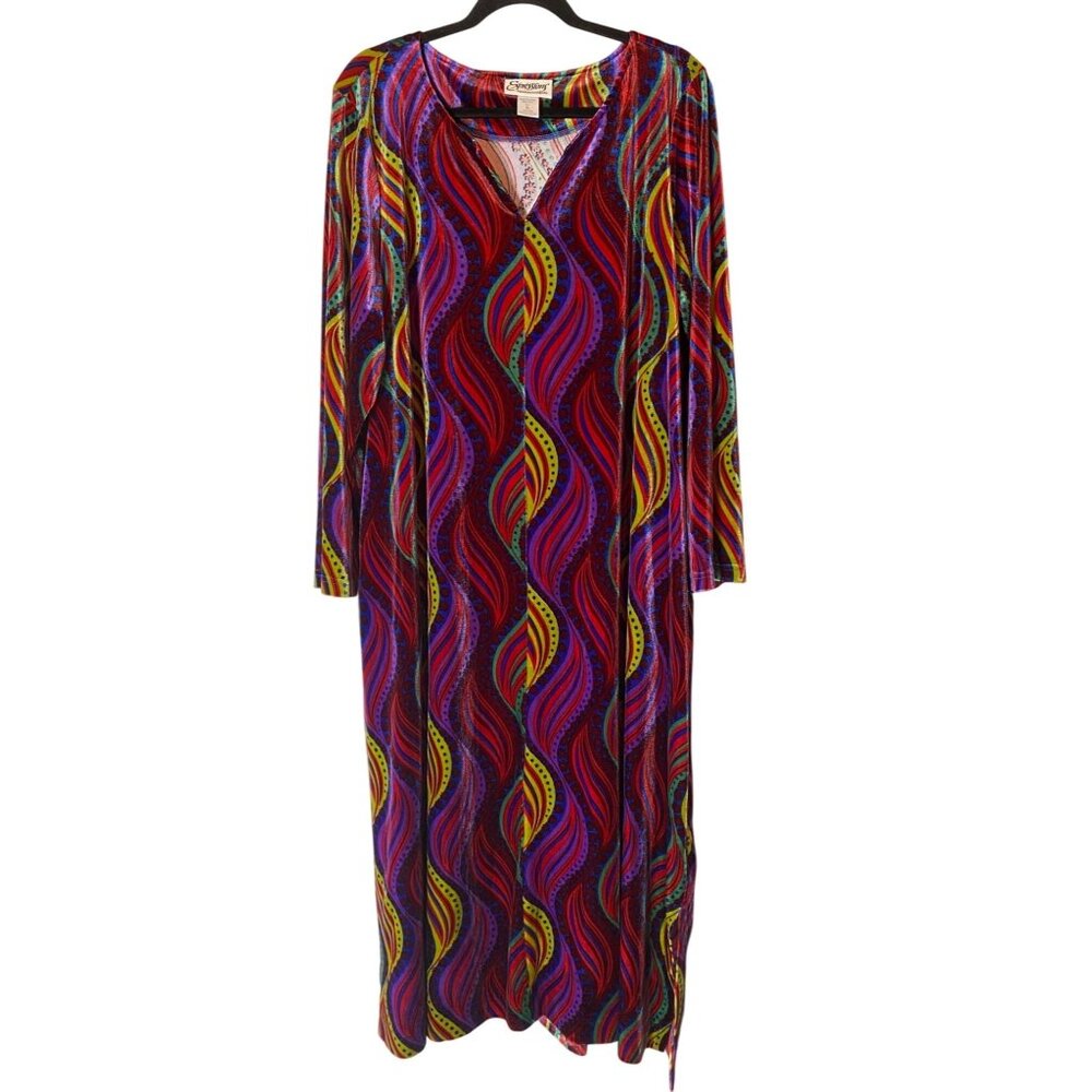 Expressions Vibrant Multicolor Long Sleeve Dress Groovy Abstract Swirl XL